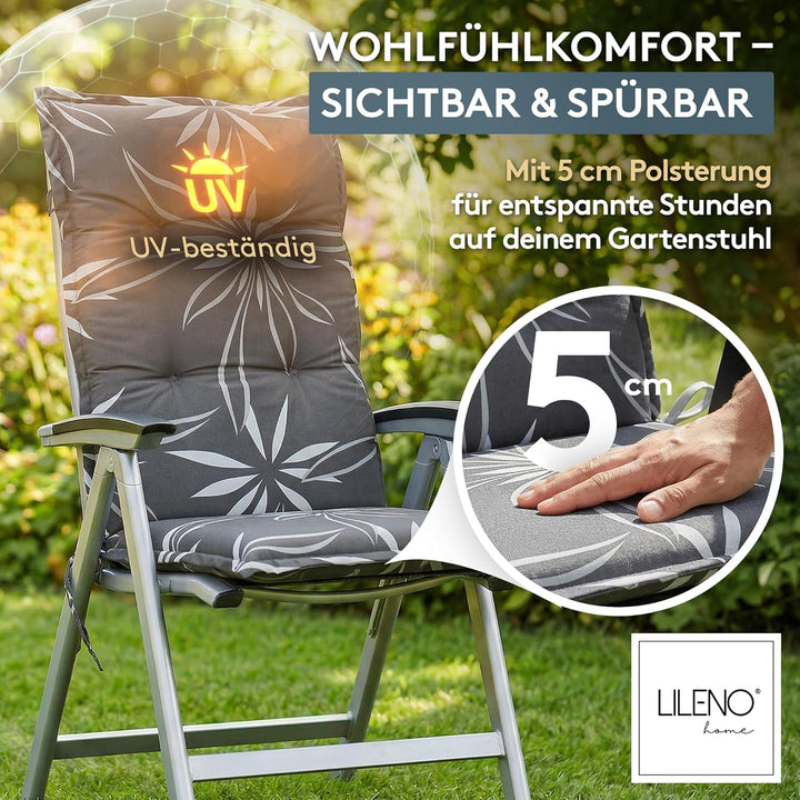 LILENO HOME Gartenstuhl Auflagen als [2er Set - Hochlehner] in Blume Anthrazit-Weiss - Bequeme Liege