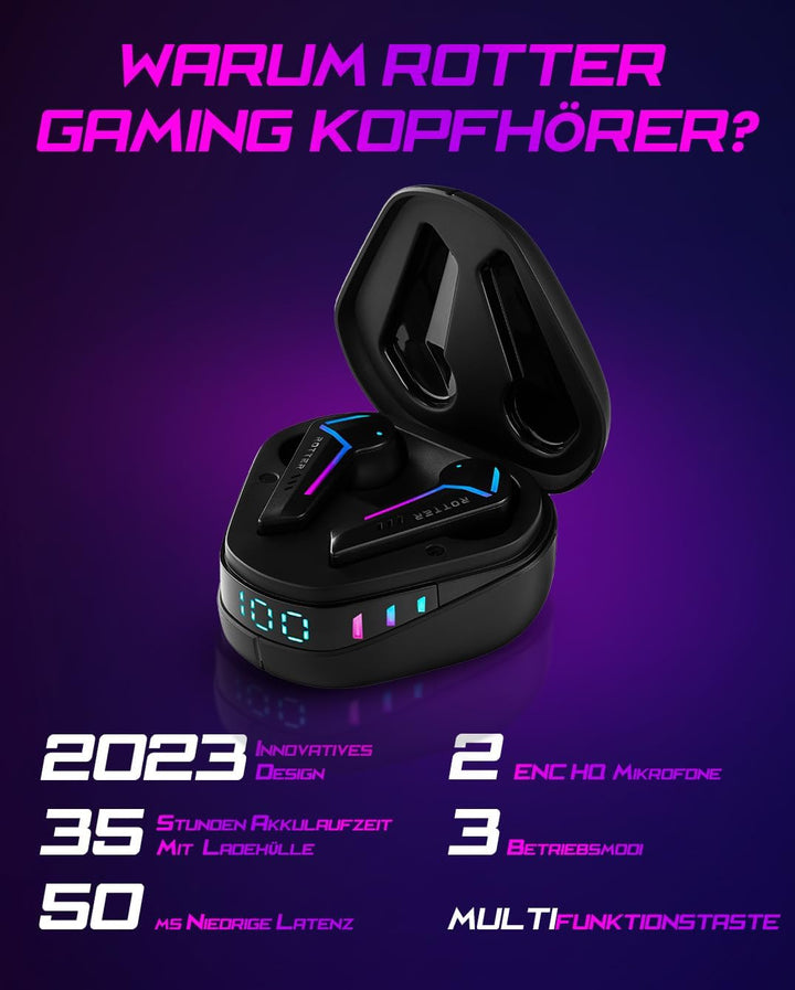 ROTTER® Kabellose Bluetooth Mobile Gaming Kopfhörer, Extrem Niedrige Latenz von 50 ms, Bluetooth 5.3