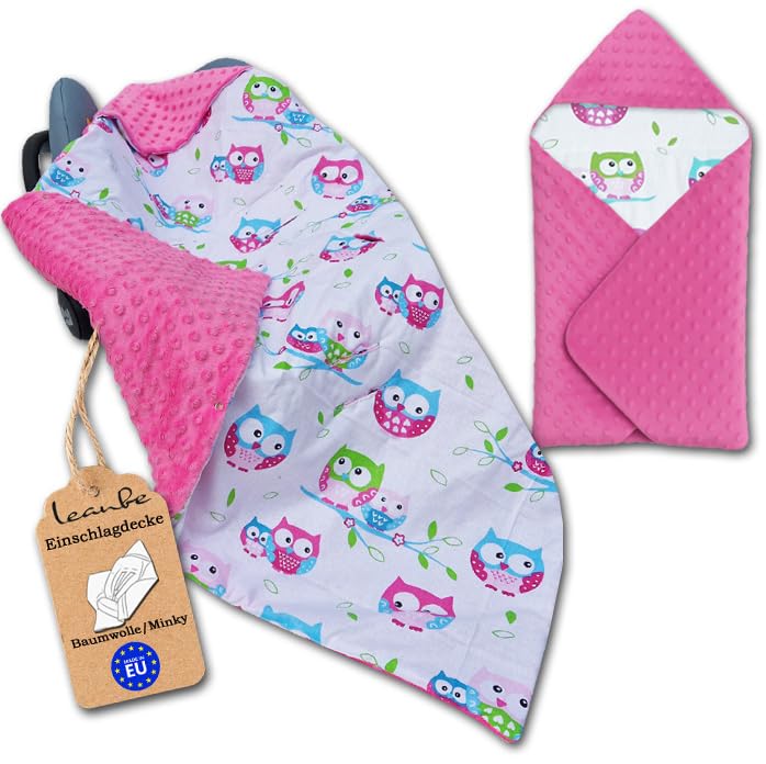 Baby Einschlagdecke Doppelseitig 86x86 cm Minky-Plüsch für Kinderwagen und Babybett (Rosa Minky-Eule