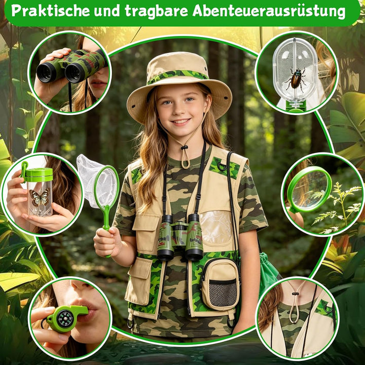 11 Pcs Forscherset für Kinder, Safari Kostüm mit Umfangreichem Zubehör Grün | Safari Kostüm-Set für
