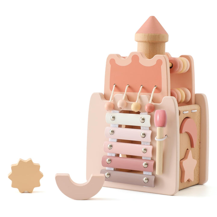 WOODEN TEETHER Montessori Motorikwürfel holzspielzeug Montessori Spielzeug ab 1 Jahr 5 in 1（Rosa Sch