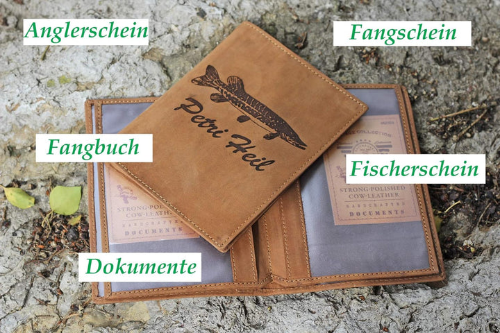 Greenburry Angler-Ausweismappe l Angelscheinmappe mit Petri Heil Motiv I Angel-Etui aus Leder l Lede