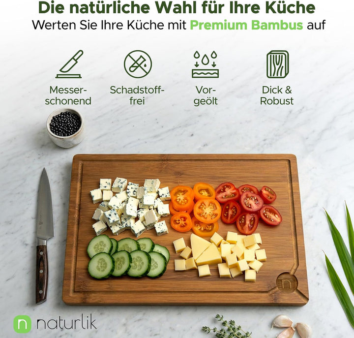 naturlik XXL Schneidebrett Karbonisiert 45x30cm - Grosses Bambus Holzschneidebrett mit Saftrille & G