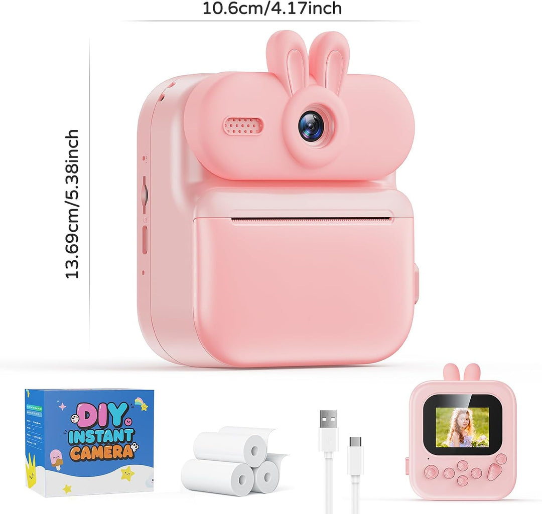 Kinder Sofortbildkamera mit Sofortdruck, 48MP (Kaninchen-Rosa) | Kinderkamera mit Druckpapier, 1080P