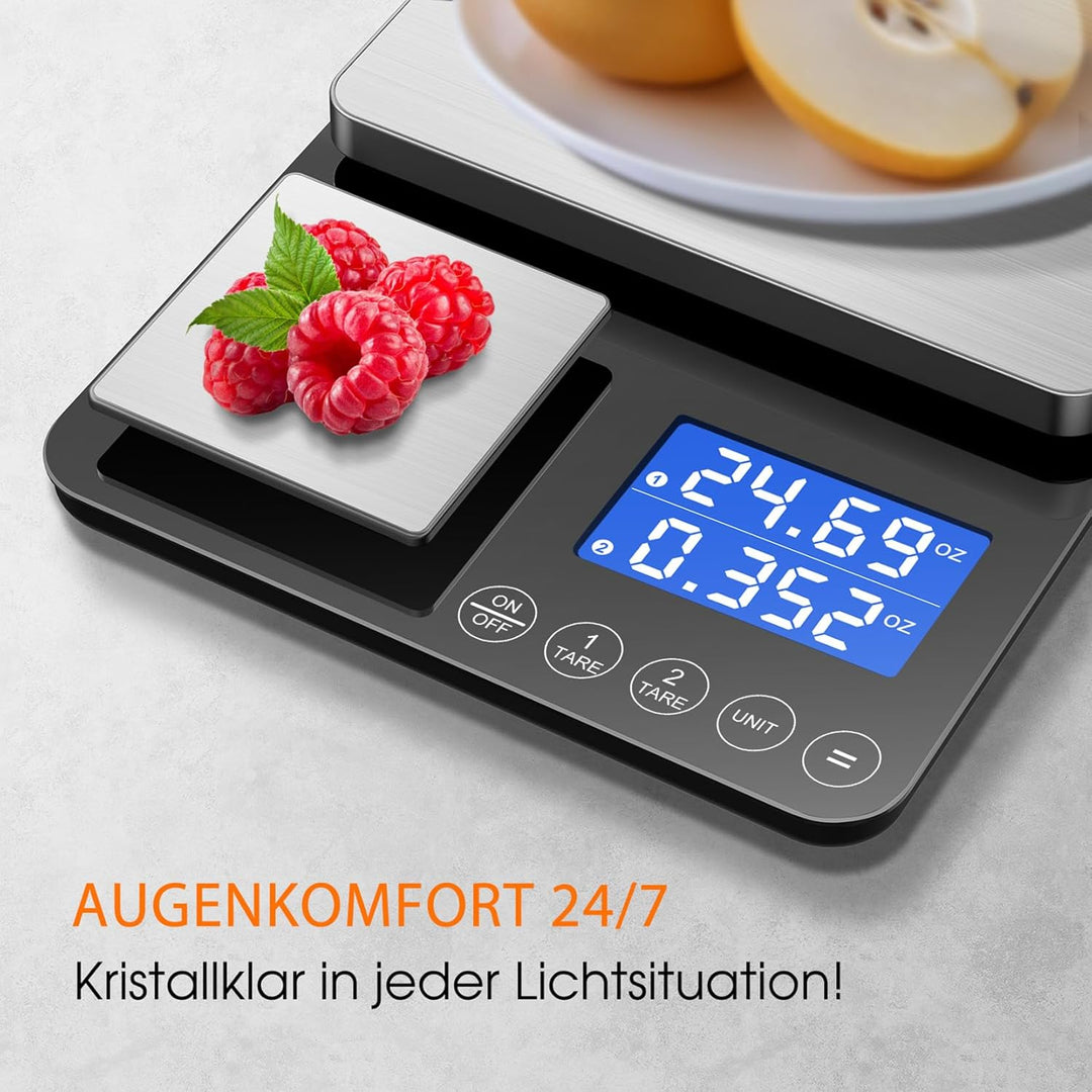 Digitale küchenwaagen mit Dual Plattform–Präzise 500g/0,01g&15kg/1g Messung, Tara-und Summierfunktio