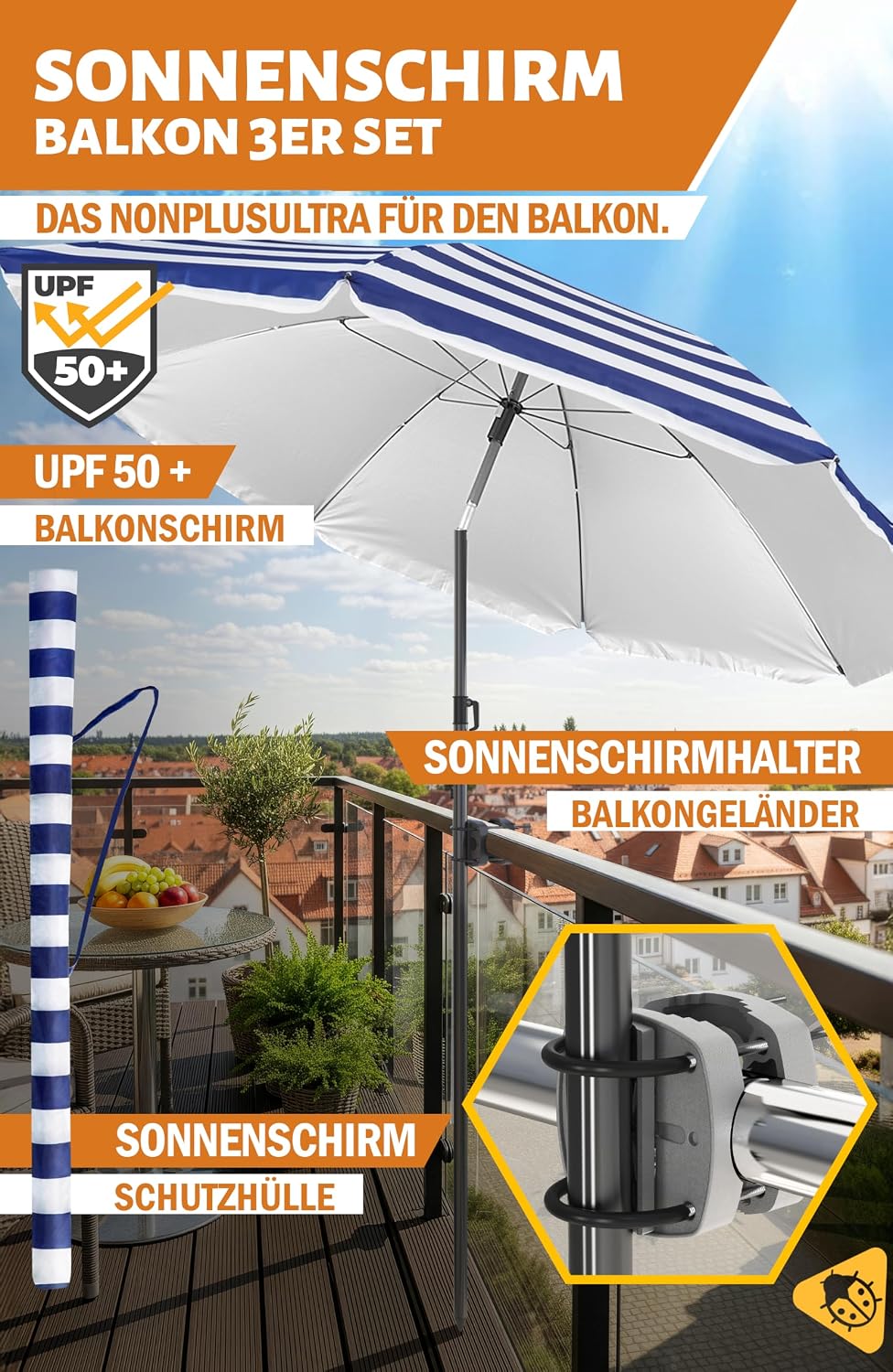 4smile Sonnenschirm Balkon 3-in-1 SET SunnyJoy, Blau-Weiss - UPF 50+ Sonnenschirm Ø 180 cm + Sonnens