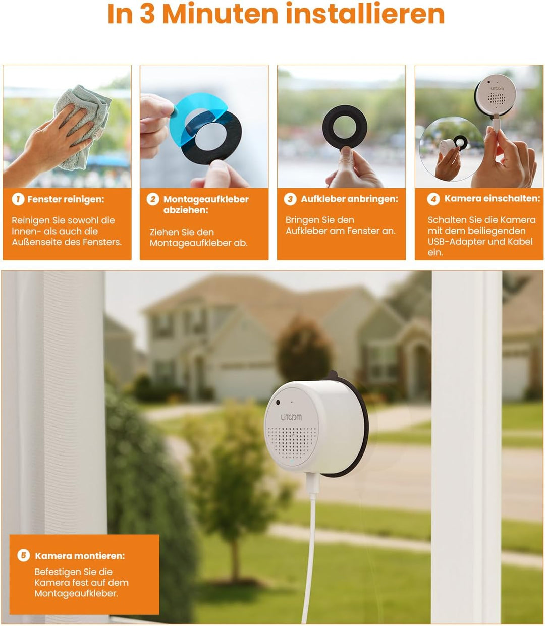 litokam Fensterkamera 2,4 GHz & 5 GHz Dual-Band mit Halterung, 3MP 2K Innenkameras mit KI-Farbnachts