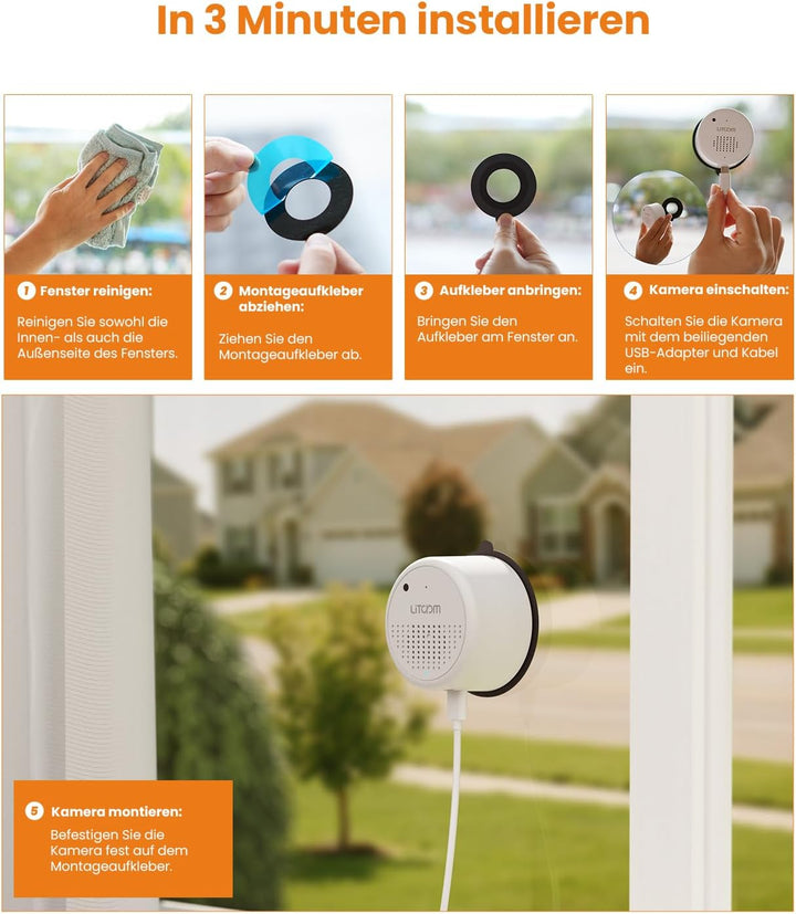 litokam Fensterkamera 2,4 GHz & 5 GHz Dual-Band mit Halterung, 3MP 2K Innenkameras mit KI-Farbnachts