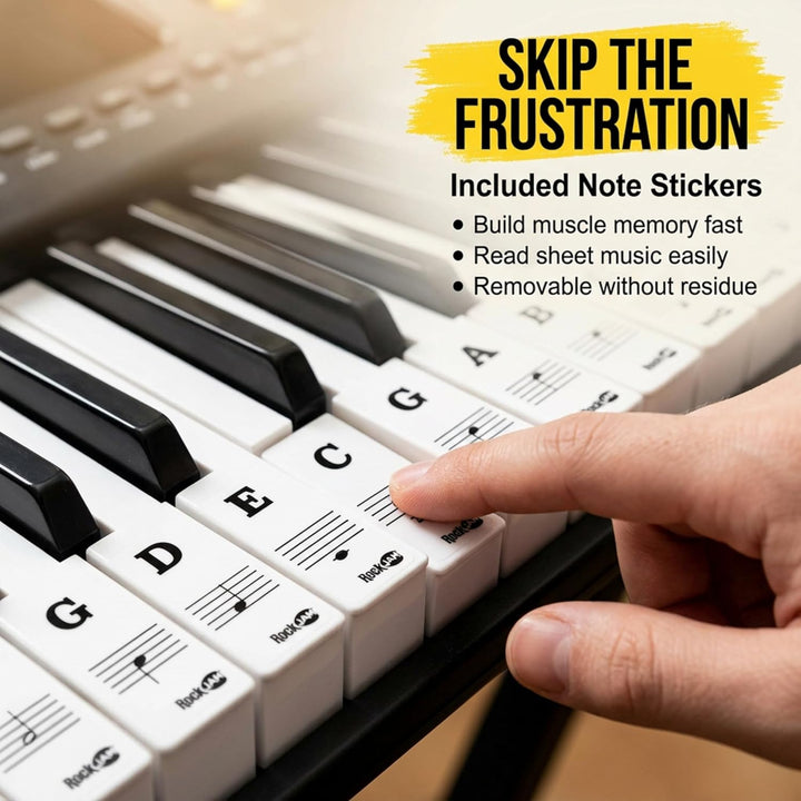 RockJam Compact 61 Key Keyboard with Sheet Music Stand, Power Supply, Piano Note Stickers &amp; Simply P