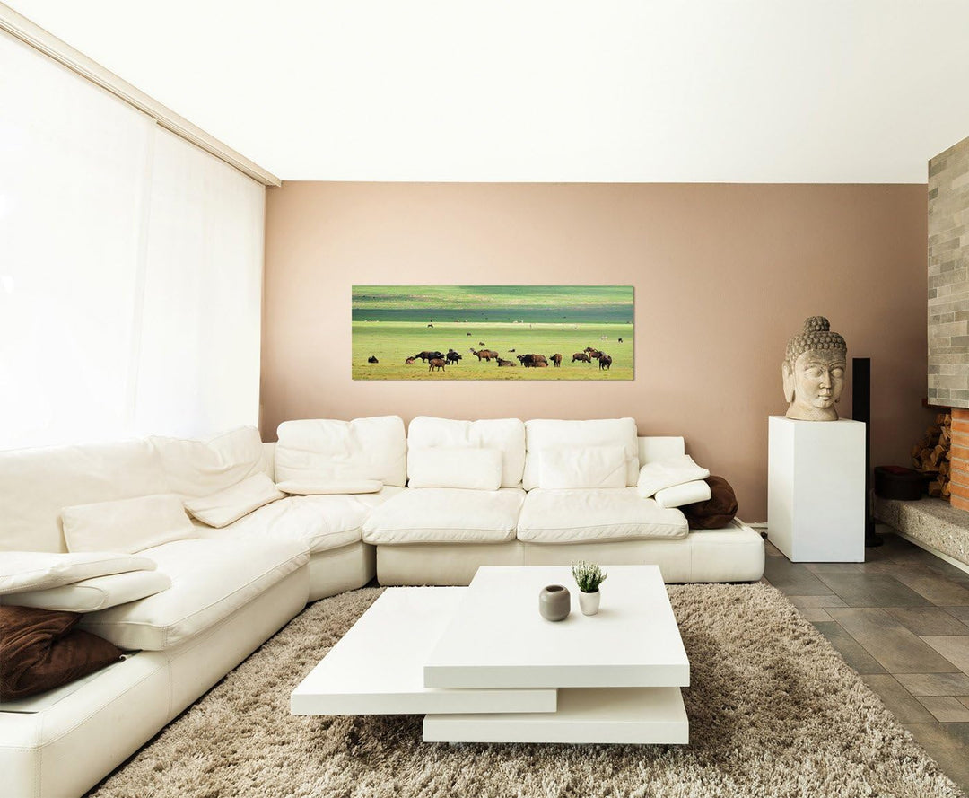 Paul Sinus Art Panoramabild auf Leinwand und Keilrahmen 150x50cm Meer Strand Steine Wolkenhimmel