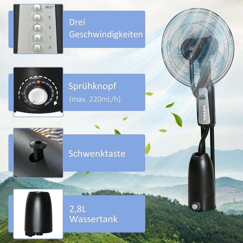 HOMCOM Standventilator mit 2,8 Liter Wasserkühlung 90 W Ventilator mit Nebelfunktion Lüfter Verstell