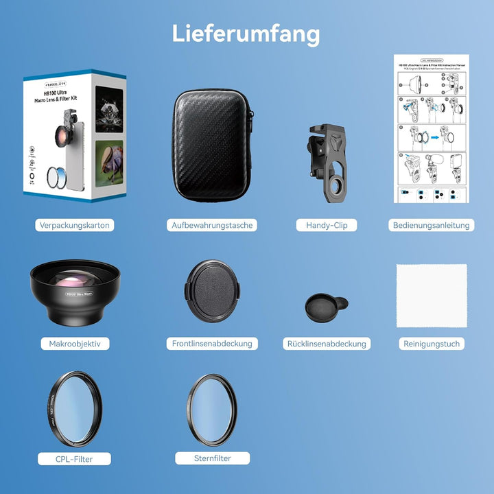 APEXEL HB100 Ultra HD Handy Makroobjektiv mit 52 mm CPL & Sternfilter, F1.05-Blende & AF-Beschichtun