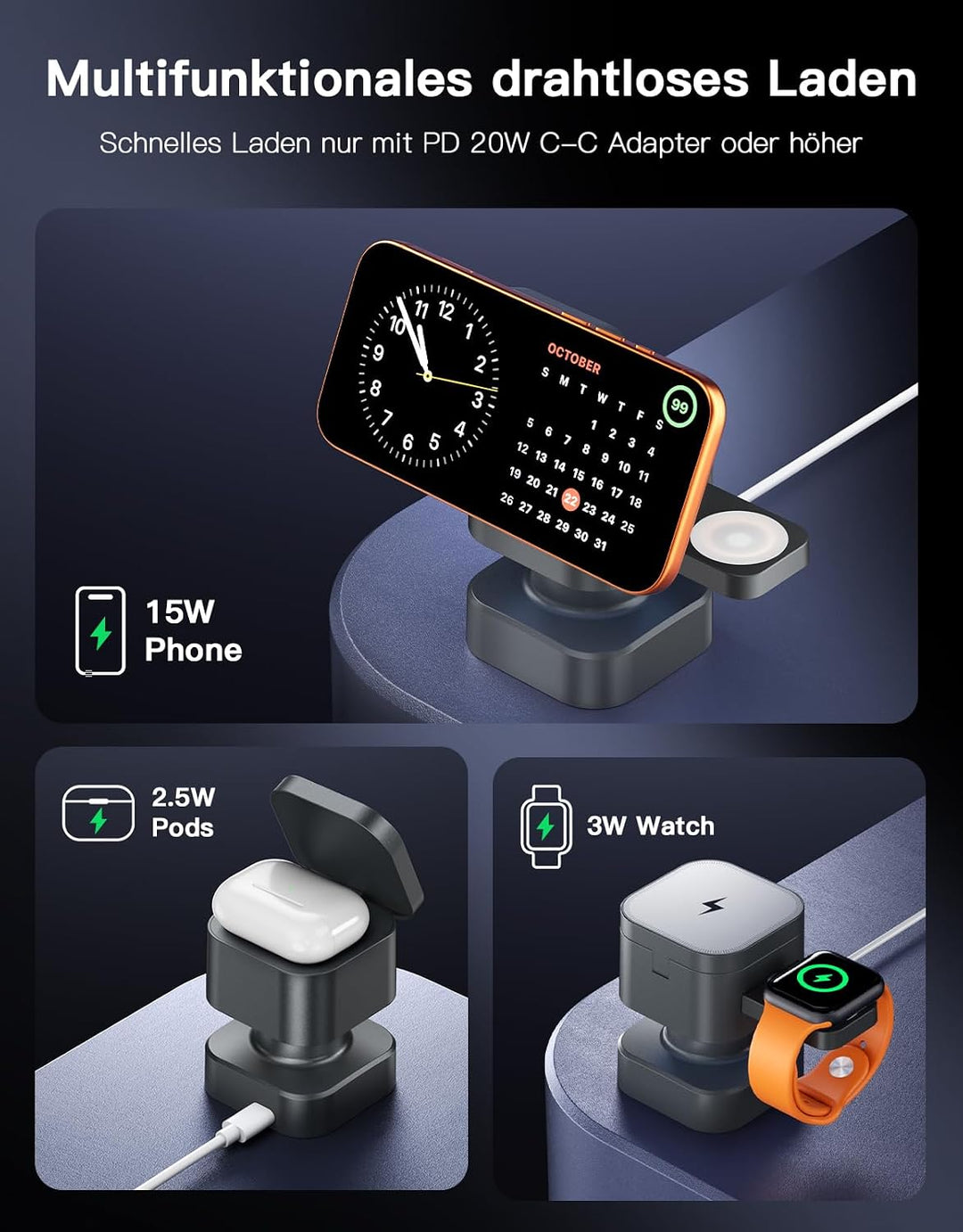 3-in-1 Kabellose Ladestation, Drehbar &amp; Einziehbar mit Nachtlicht, Kompatibel mit iPhone 17/16/15/14