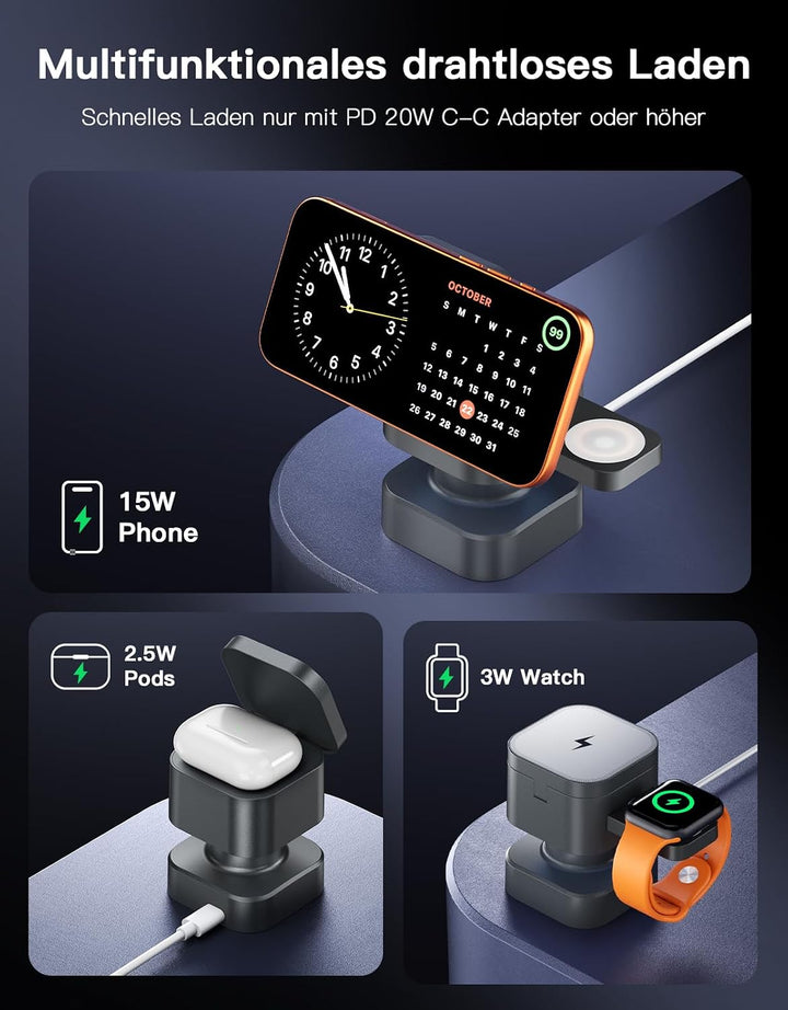 3-in-1 Kabellose Ladestation, Drehbar &amp; Einziehbar mit Nachtlicht, Kompatibel mit iPhone 17/16/15/14