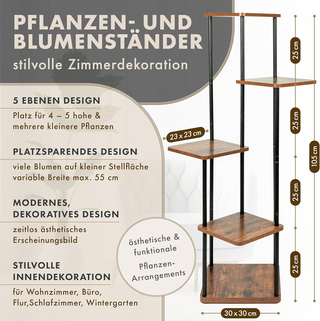 TTL HOME Blumenständer TOWER 2er Set - 5 Etagen 105 cm hoch Pflanzenständer Design Holz Eiche & Meta