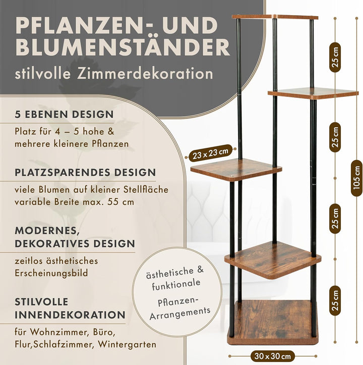 TTL HOME Blumenständer TOWER 2er Set - 5 Etagen 105 cm hoch Pflanzenständer Design Holz Eiche & Meta