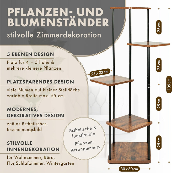 TTL HOME Blumenständer TOWER - 5 Etagen 105 cm hoch Pflanzenständer Design Holz Eiche & Metall schwa