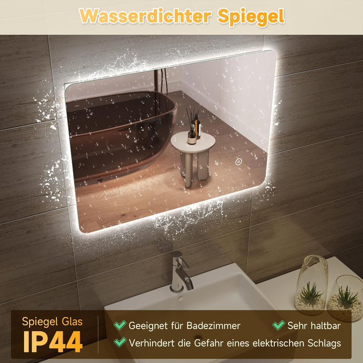 SONNI Badspiegel Lichtspiegel LED Spiegel Wandspiegel mit Touch-Schalter 70 x 50cm kaltweiss IP44 en