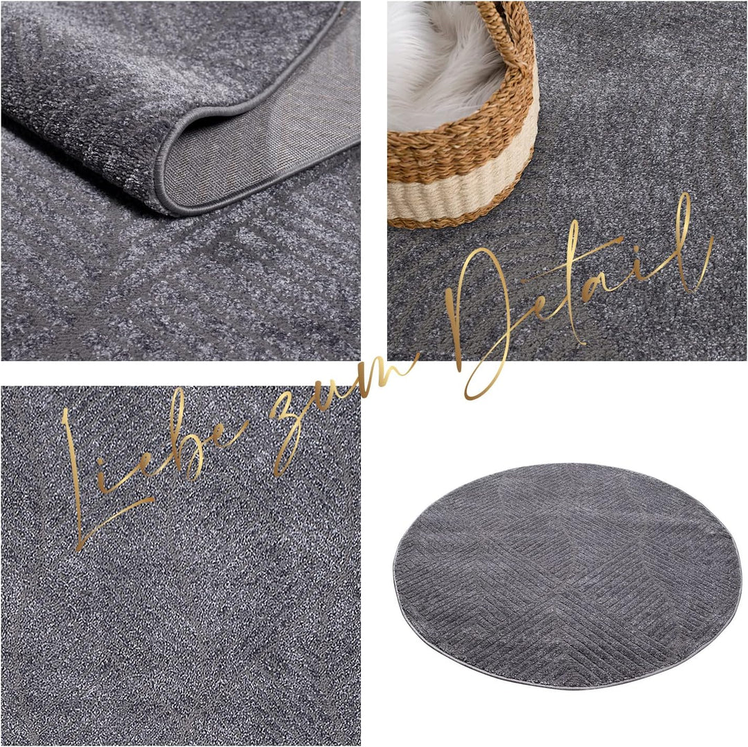 payé Teppich Rund Kurzflor - 160x160cm - Grau - Einfarbig Uni Geometrisch Wellen Muster Modern Wohnz