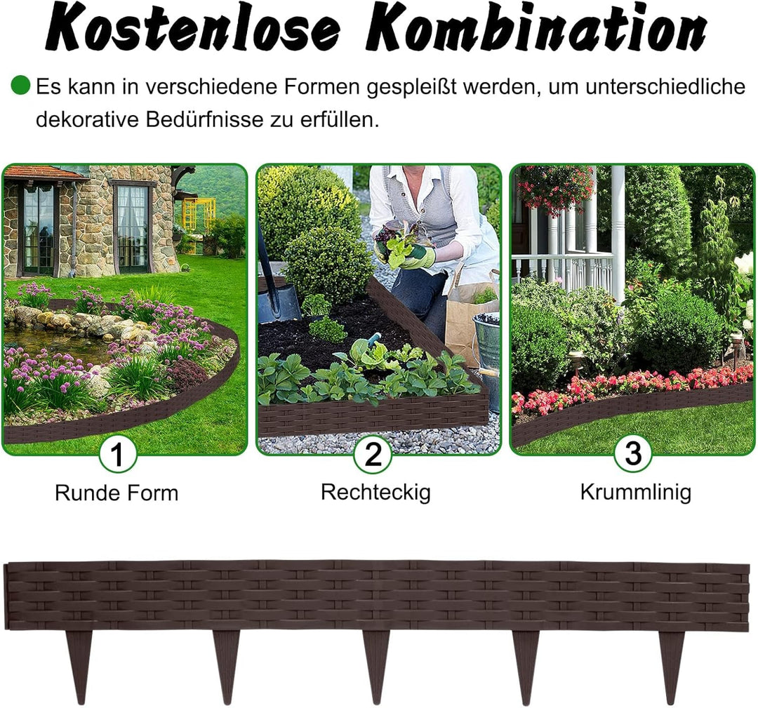 YUENFONG 5m Beeteinfassung Rasenkante Biegbarer Beetumrandungen Kunststoff Rasenkanten, Rattan-Optik