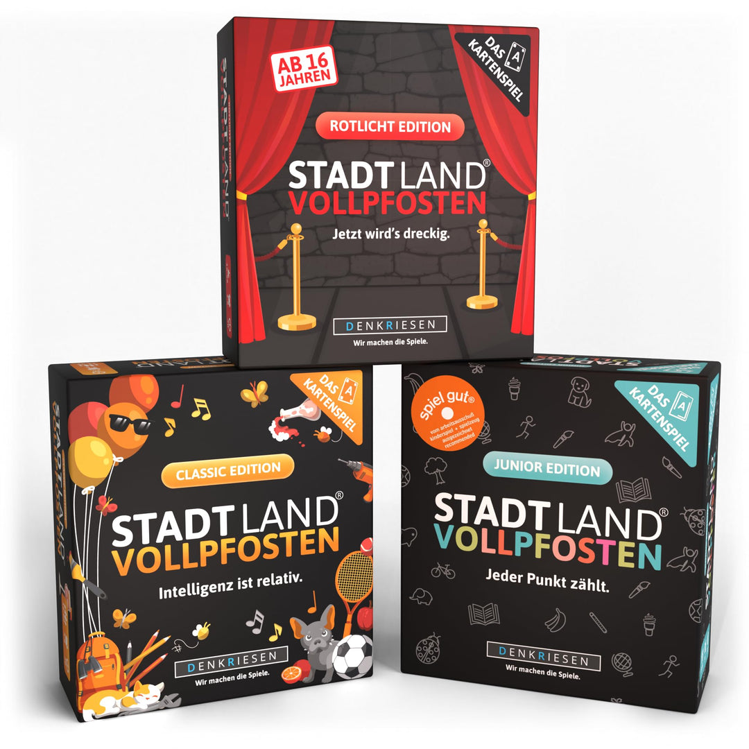 DENKRIESEN - STADT LAND VOLLPFOSTEN® - Das Trio der Kartenspiele - JUNIOR - Classic – ROTLICHT | inn