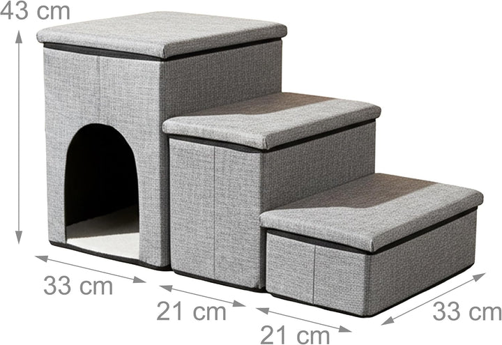 Relaxdays Hundetreppe, 3 Stufen, Höhle & Stauraum, HxBxT: 43 x 75 x 33 cm, faltbar, Hunderampe Bett