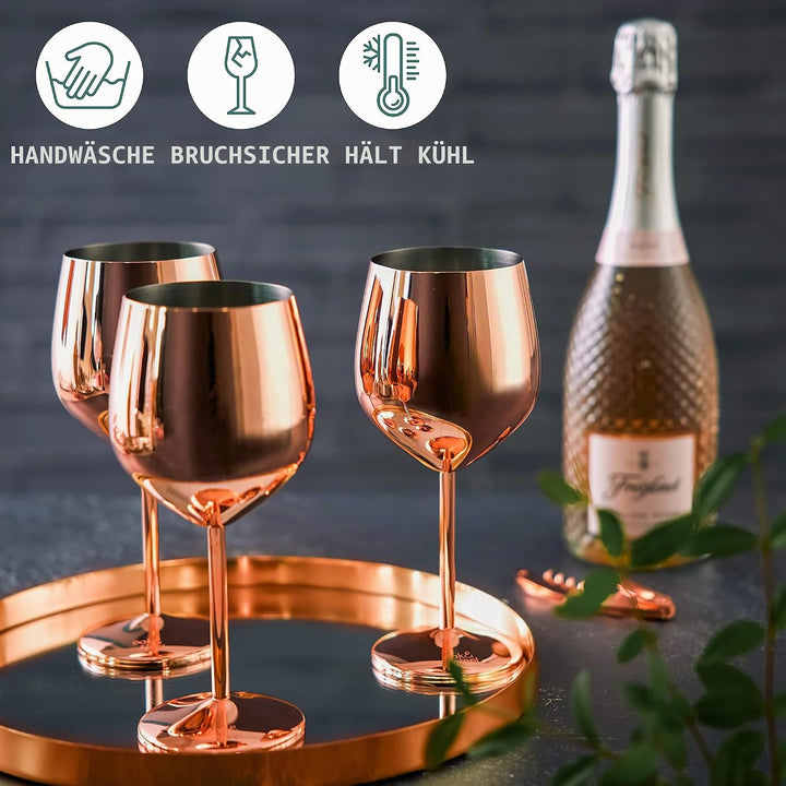 Oak &amp; Steel - 4 Edelstahl Weingläser Geschenkset (540ml) - Roségold/Kupfer - Robust &amp; Unzerbrechlich