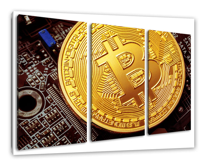 Bitcoin BTC auf Platineals Leinwandbild 3 teilig | Grösse: 120x80 cm | Wandbild | Kunstdruck | ferti