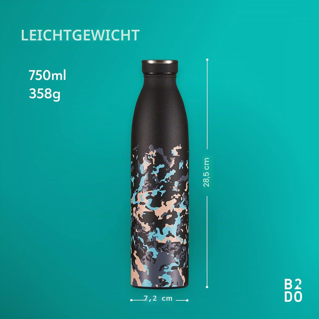 Trinkflasche Edelstahl 750ml Schwarz Grün | Wiederverwendbare Vakuum Metall Thermoskanne Wasserflasc