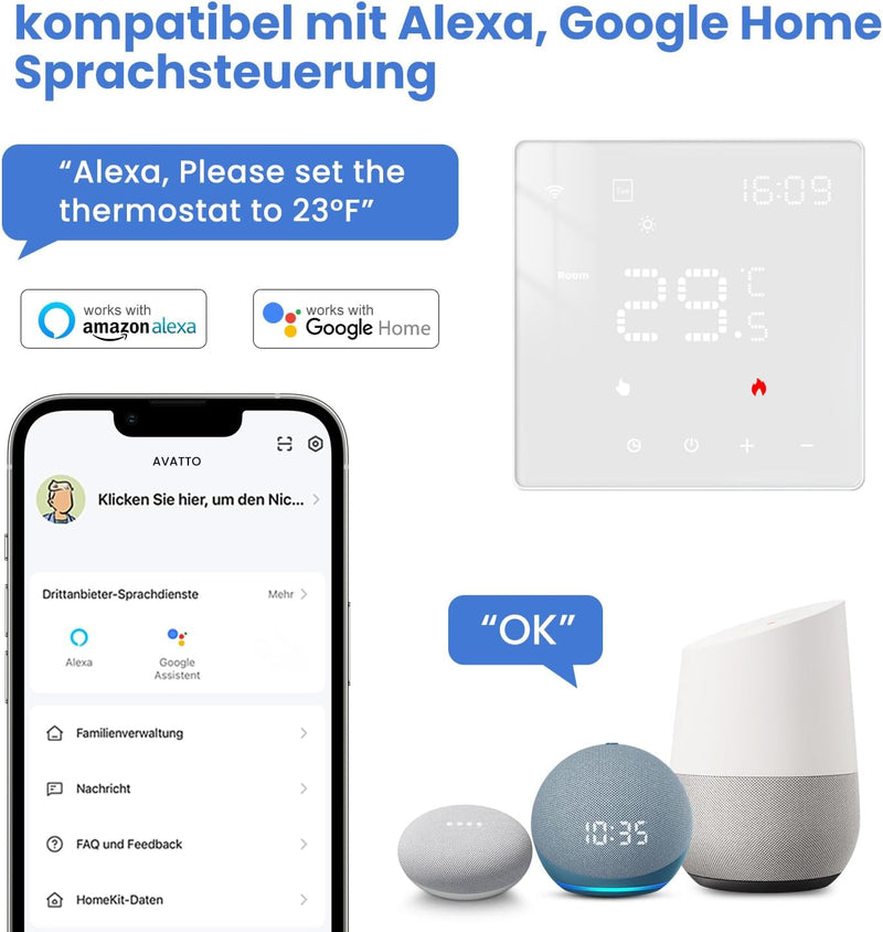 Smart WiFi Thermostat Für Wasser Fussbodenheizung und Gasboiler, Programmierbar Raumthermostat Unter