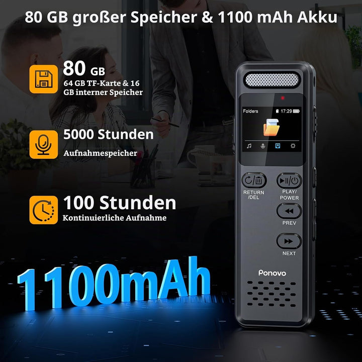 80GB Diktiergerät Digitale mit Spracherkennung, Ponovo Aufnahmegerät 100 Std Kontinuierliche Aufnahm