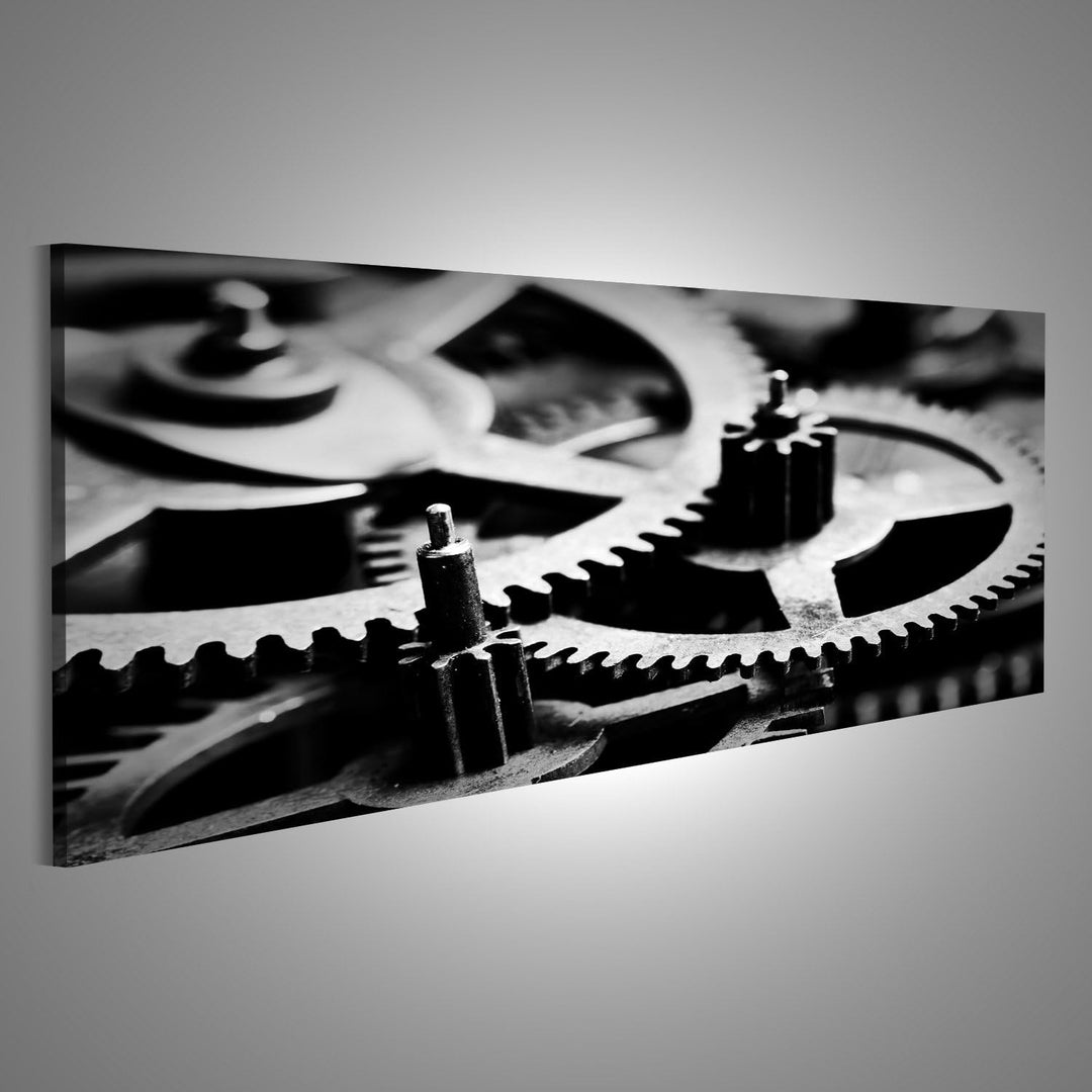 islandburner, Bild auf Leinwand Grunge-Getriebe, Zahnräder schwarz-weisser Hintergrund. Konzept von