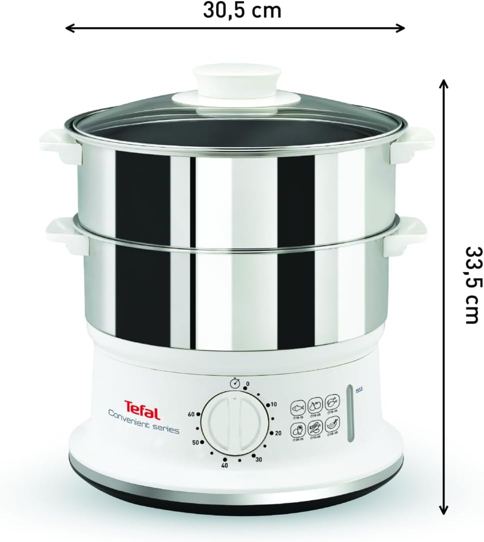 Tefal Dampfgarer VC1451 | 2 Edelstahlbehälter | 6L Fassungsvermögen | 24cm Durchmesser | Timer und a