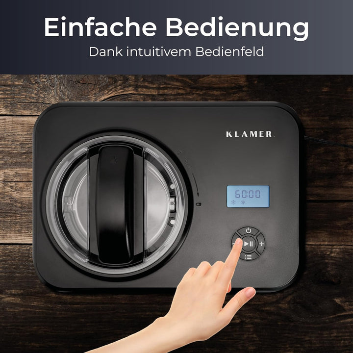 KLAMER Eismaschine 1,5L, 120 W Eiscrememaschine aus Edelstahl mit Kühlfunktion, hausgemachtes Speise