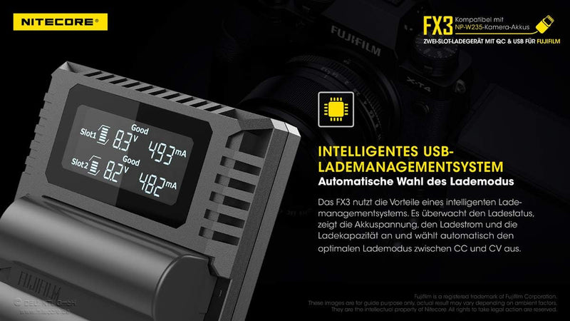 Nitecore FX3 Fujifilm W235 Hour Dual Slot Akku USB Ladegerät Fuji W235, Fuji W235