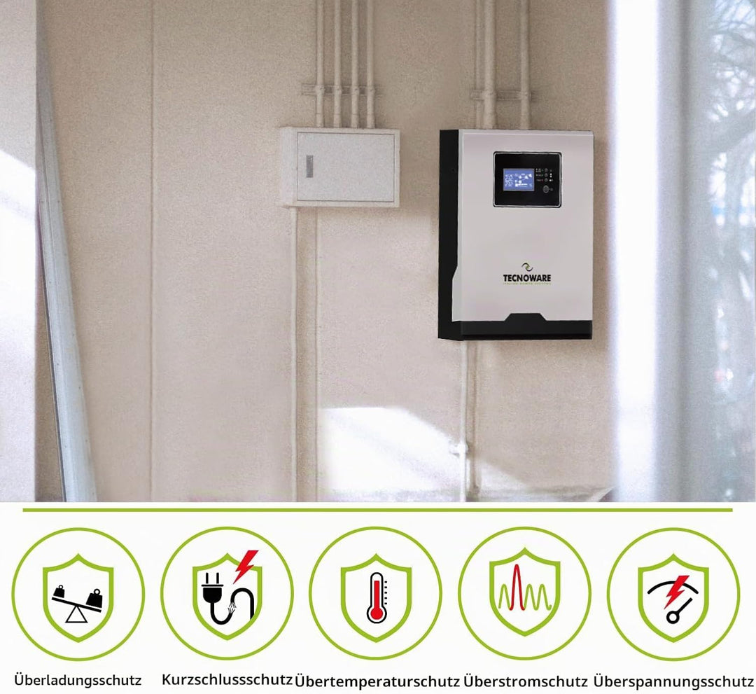 Tecnoware 1200 VA ATA Hybrid-Solarstrom-Wechselrichter - 12V-Batterie – 15V-80V-Solar-Regler MPPT –