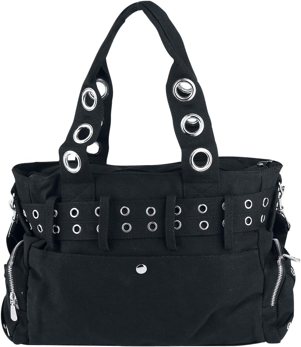 Banned Damen Handtasche mit Handschellen-Details, Rockabilly-Look, Leinwand L Black/Black, L Black/B