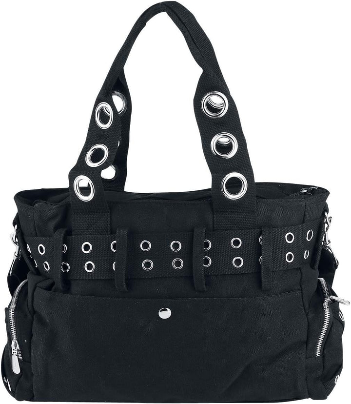 Banned Damen Handtasche mit Handschellen-Details, Rockabilly-Look, Leinwand L Black/Black, L Black/B