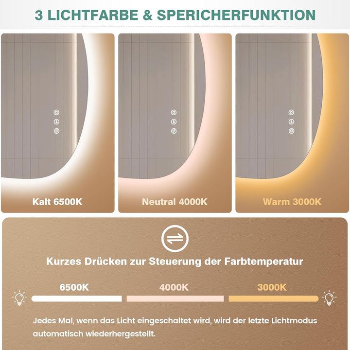 Asymmetrischer Spiegel mit LED-Beleuchtung, 65x50cm, ohne Rahmen, mit Touch-Schalter, Antibeschlag,