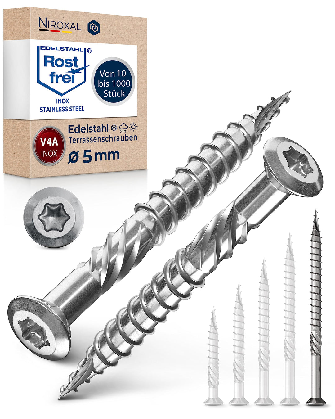Terrassenschrauben 5x80 Edelstahl A4 Linsenkopfschrauben Torx Schrauben 5mm stark 200 Stück Holzschr