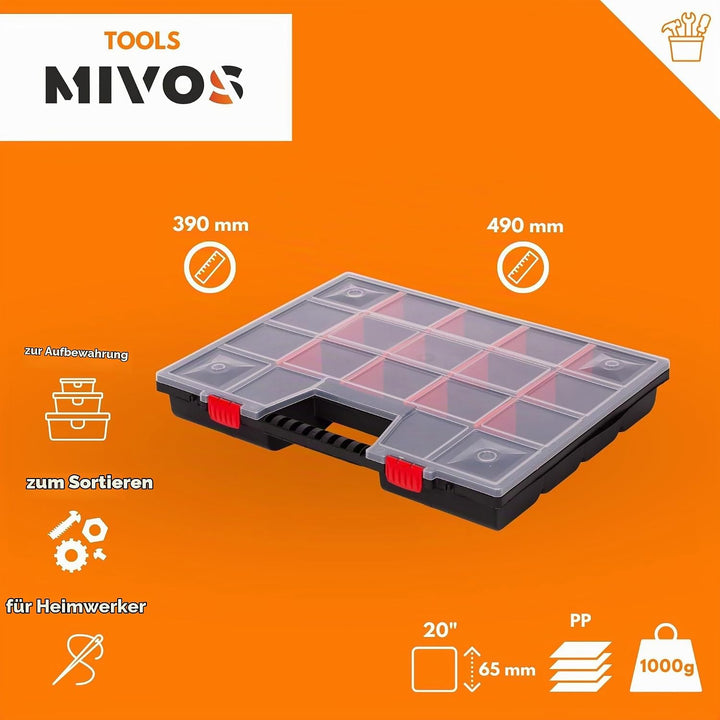 Mivos Sortimentskasten 20” mit Transparent Deckel - Aufbewahrungsbox 490 x 390 x 65 mm - Sortierkast