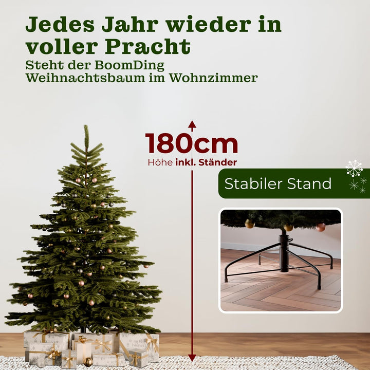 BoomDing Künstlicher Weihnachtsbaum mit Beleuchtung - extra naturgetreuer Tannenbaum (180 cm) inkl.
