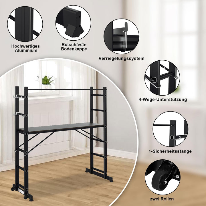 Gimisgu Gerüst, 4 in 1 Alu Multifunktionsleiter 6+6 Stufen, Mobile Mehrzweckleiter mit Plattform und