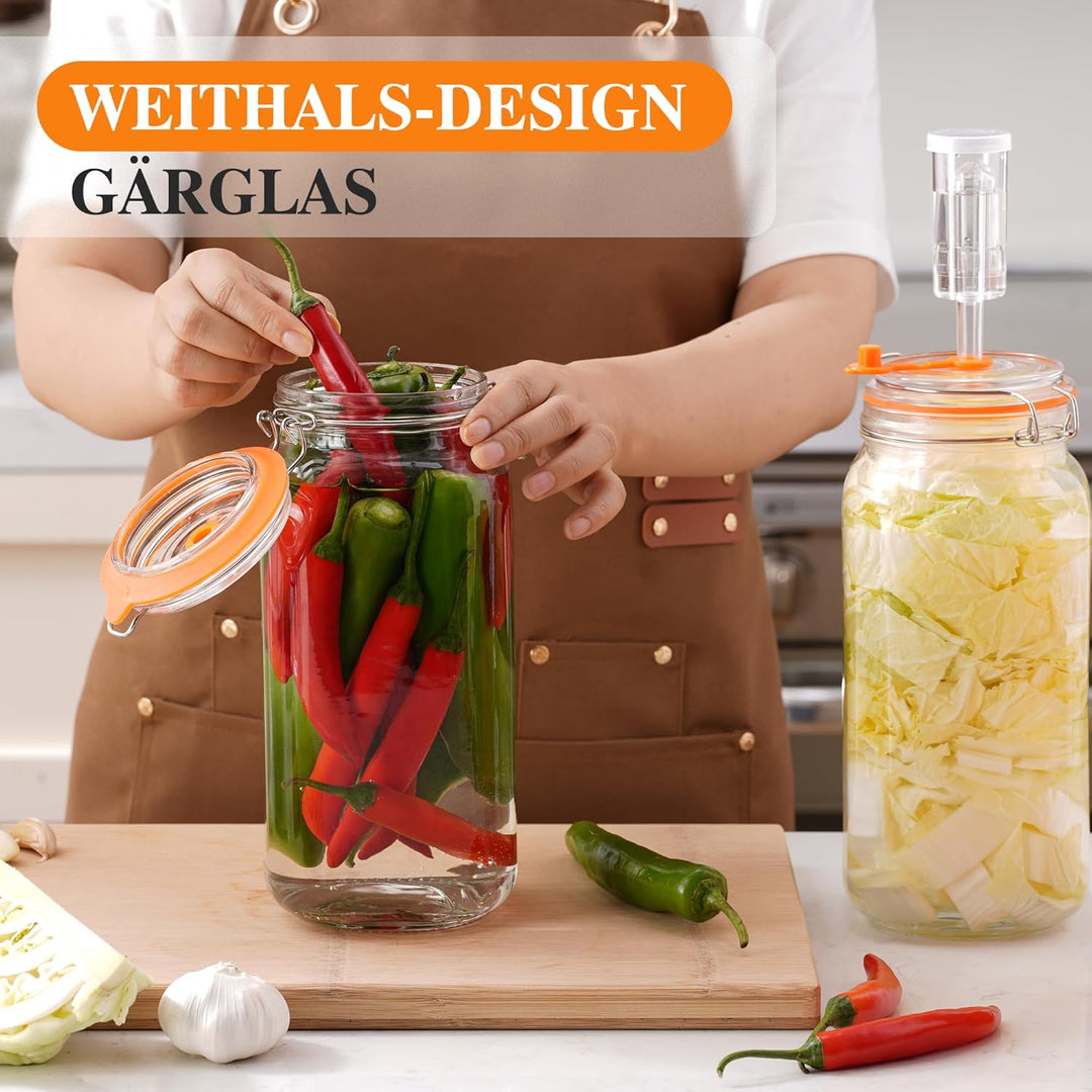 2L Fermentierglas, Fermentationsglas mit Gärventi & Gewicht, Gärglas für Sauerkraut, Kimchi, Kombuch