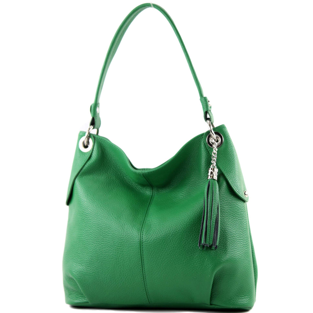 modamoda de - T185 - ital. Damen Schultertasche aus Leder Blattgrün, Blattgrün