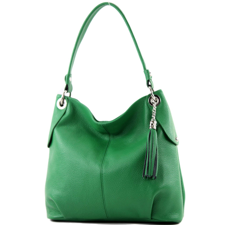modamoda de - T185 - ital. Damen Schultertasche aus Leder Blattgrün, Blattgrün