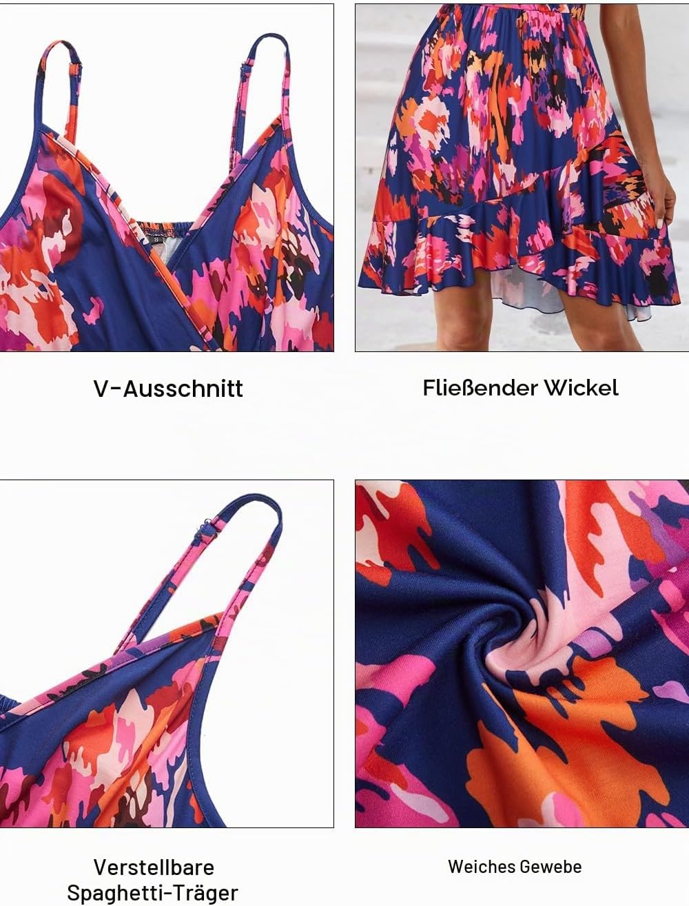 ULTRANICE Damen Sommerkleider Blumenmuster Kleid V-Ausschnitt Strandkleid Verstellbaren Spaghettiträ