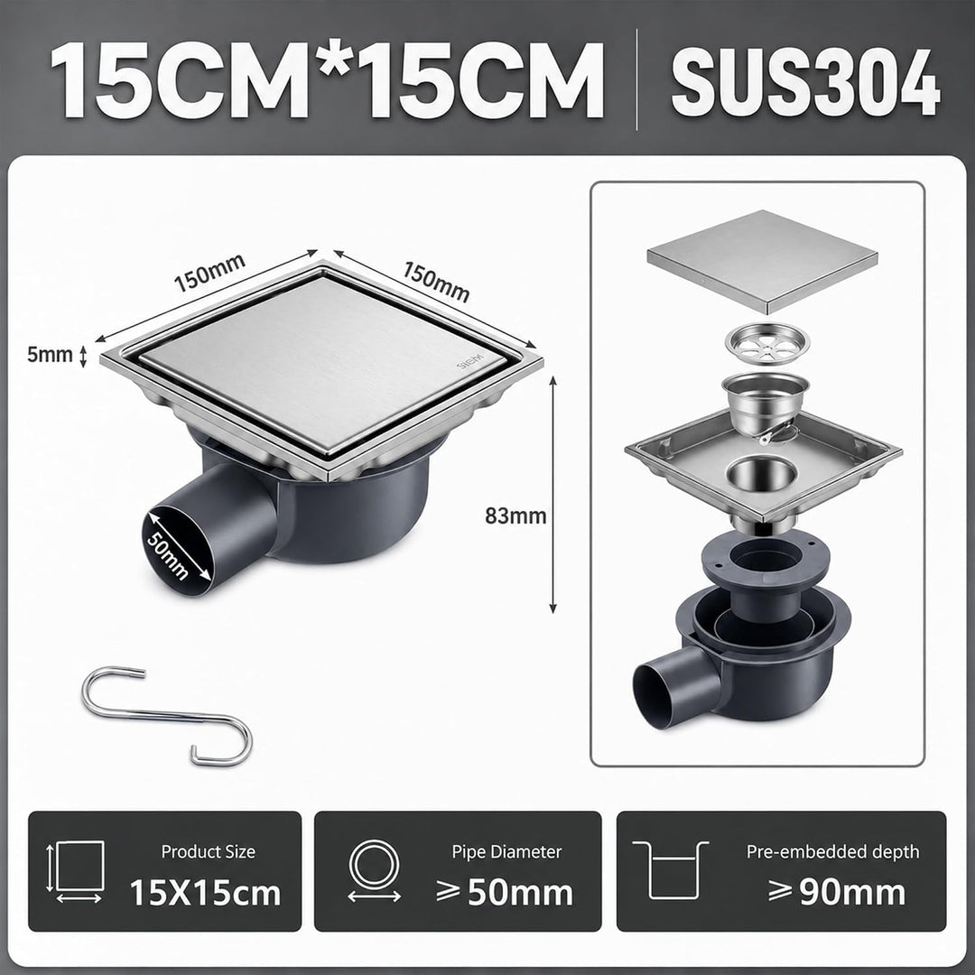 Duschrinne Quadratisch Edelstahl Bodenablauf mit 360° Siphon Geruchsstop, 2 in1 Befliesbar Ablaufrin