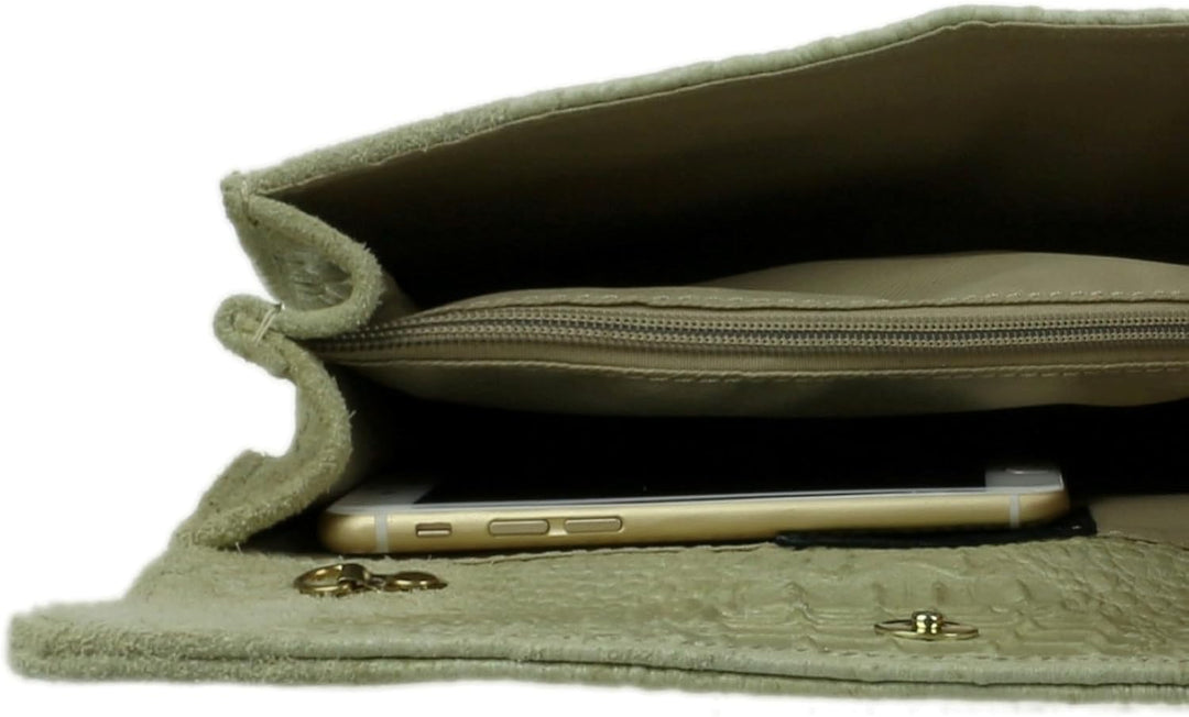 Girly Handbags Schlichte Clutch aus italienischem Wildleder mit Krokodilmuster Beige, Beige
