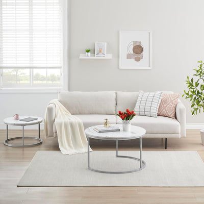 hitsuki Couchtisch, Marmor Couchtisch Silber, Couchtisch Rund 2er Set, Wohnzimmertisch weiss aus Met
